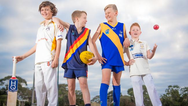 Mentone footy and cricket kids Fletcher Gardner and Darcy Arnott with Beaumaris cricket and footy kids Harry Arendarcikas and Will Haydn-Evans. Their clubs are among the cheapest for fees. Picture: Jason Edwards