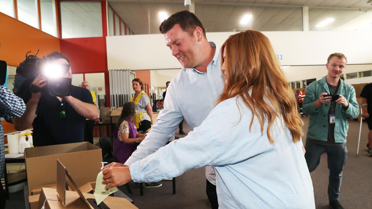 Mr Conroy and wife Steffie voted on Saturday afternoon. Picture: David Crosling