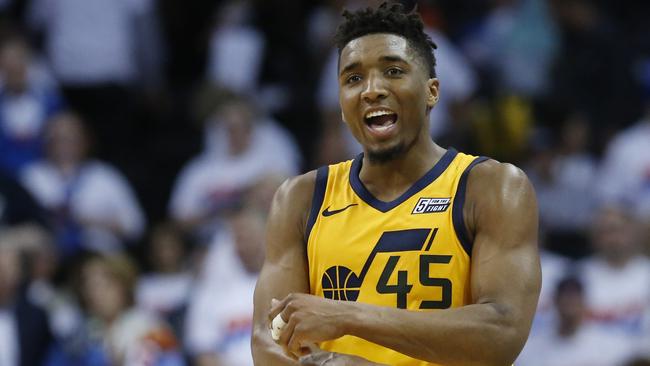 Utah Jazz guard Donovan Mitchell celebrates after the Jazz defeated the Oklahoma City Thunder in Game 2.