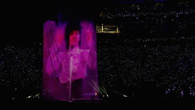 A projection of Prince is shown during the Super Bowl LII Halftime Show. Picture: Getty Images.