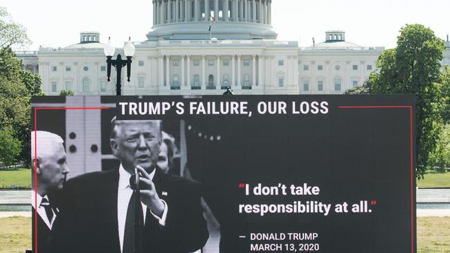 MoveOn.org stages a protest against the handling of the COVID-19 coronavirus pandemic by US President Donald Trump near the US Capitol in Washington DC. Picture: AFP