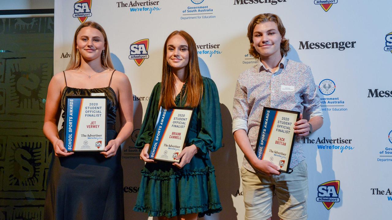 Runners up Jet Verwey from Eastern Fleurieu school, Briahn Cammell from Seaton High School and winner Zack Brittan from Golden Grove High School at The School Sports Awards at the SA Museum. Picture: Brenton Edwards