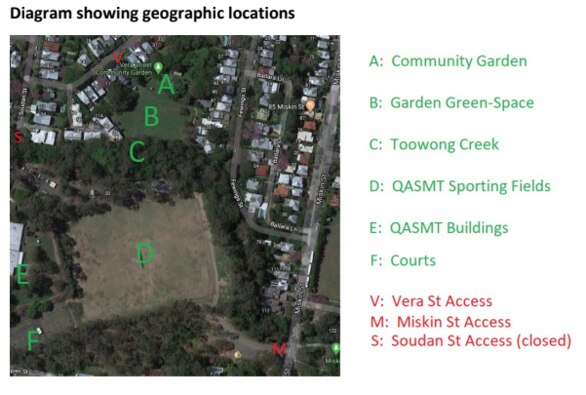 Supplied map of the QASMT grounds showing the oval (D) used by dog walkers.