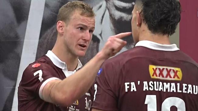 Queensland captain Daly Cherry-Evans gives young gun Tino Fa'asuamaleaui a dressing down.