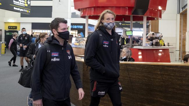 The Bombers have flown to Perth early for this weekend’s clash against West Coast as the Covid-19 situation escalates in Melbourne. Picture: NCA NewsWire / Luis Enrique Ascui