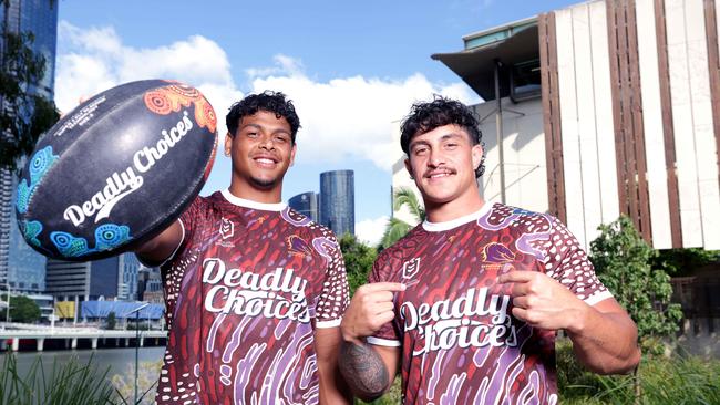 Selwyn Cobbo and Kotoni Staggs, (Brisbane Broncos), at the Deadly Choices 2025 Season Launch, Maiwar Green GOMA, Sth Bank, on Thursday 20th February 2025 – Photo Steve Pohlner