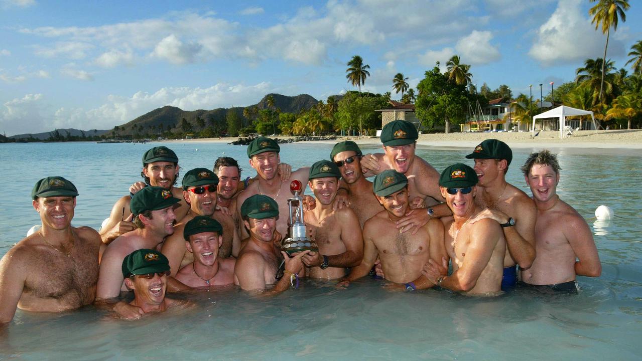 ustralia had retained the Frank-Worrell trophy in the West Indies although they lost the final Test. I thought it would be a good idea once we had returned to the hotel to do an informal team portrait with the trophy and baggy greens in the turquoise carribbean waters. I pitched the idea to captain to Steve Waugh who was happy to do it as long as I arranged it made it happened. Well after several hours celebrating the end of the series in the dressing room this was easier said than done. Eventually we got it to work. Some pretty special people involved in that great era in Australian cricket. Picture: Phil Hillyard