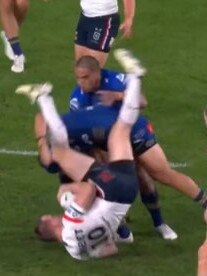 Kelma Tuilagi was sin binned for this dangerous tackle on Lindsay Collins last week. Picture: Fox League