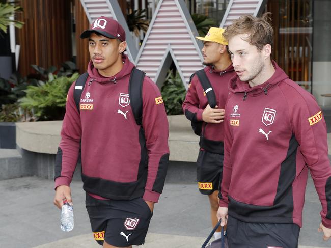 Murray Taulagi, Sam Walker and Jeremiah Nanai from the Queensland Maroons State of Origin team pictured arriving at the W Hotel ahead of game three at Suncorp Stadium, Brisbane 4th of July 2022. (Image/Josh Woning)