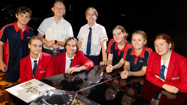 The Suncoast Senior Band: Noah Simpson, Jordan Johnston (seated), Kaleb Walker, Jacob Weiner (seated), Daniel Reeves, Brid Hennessy, Livvi Webster, Faith Harriman.