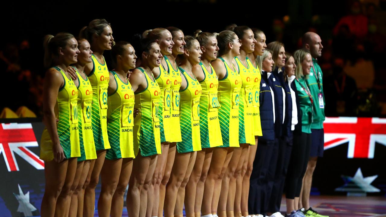 Australia line up to sing the National anthem ahead of the 2022 Netball Quad Series match against New Zealand. Picture: Chloe Knott