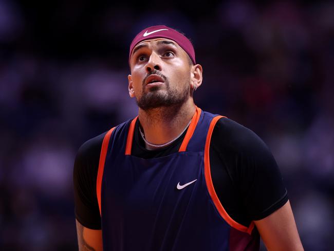 DUBAI, UNITED ARAB EMIRATES - DECEMBER 21: Nick Kyrgios of Eagles reacts in their men's singles match against Grigor Dimitrov of Falcons during day three of the World Tennis League at Coca-Cola Arena on December 21, 2022 in Dubai, United Arab Emirates. (Photo by Francois Nel/Getty Images)