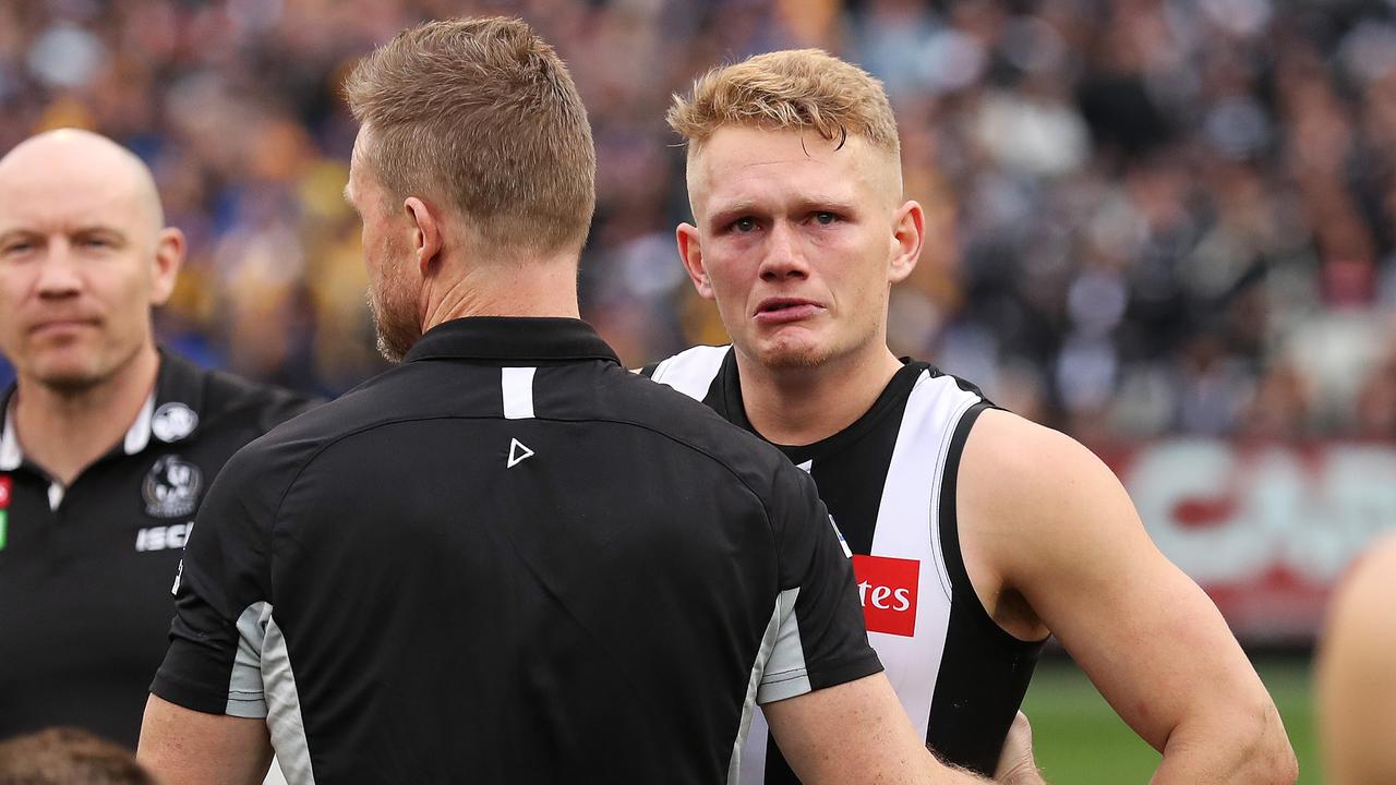 Nathan Buckley farewelled Adam Treloar and three other players from Collingwood. Picture: Phil Hillyard