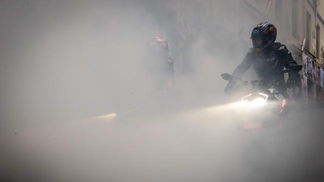 The burnout filled AC/DC Lane with smoke. Picture: Jake Nowakowski