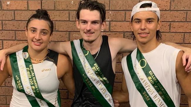 Destiny Peris, Luke Griffin and Jack Peris show their winning smiles after sprint wins in the Killara Darwin Gift. Picture: Tim Mason