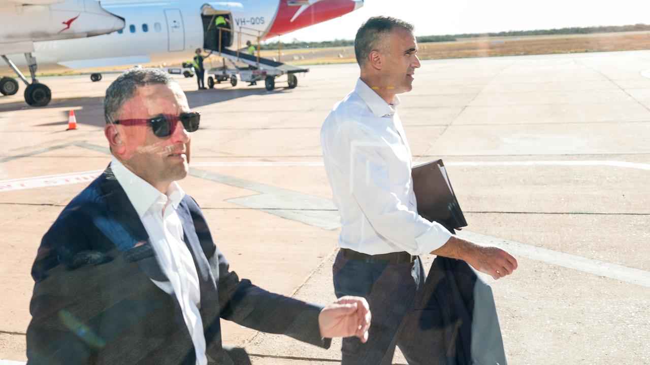 Tom Koutsantonis and Premier Peter Malinauskas after landing in Whyalla in early 2025. Picture: Tim Joy