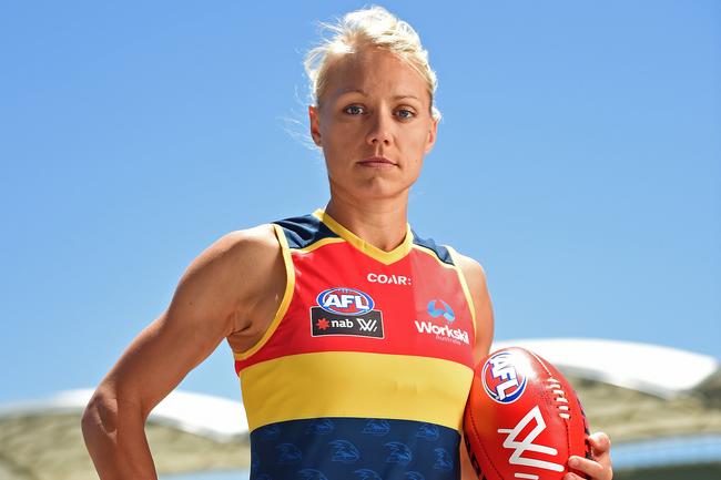 Crows star Erin Phillips at Adelaide a Oval ahead of the first AFL womens game. Picture: Tom Huntley