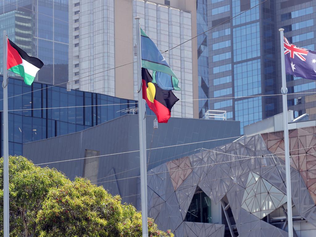 Another flag was also hoisted near an Australia, Aboriginal and Torres Strait Islander flag. Picture: David Crosling