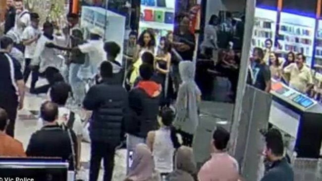 CCTV shows the moment a police officer is attacked by a gang in Highpoint Shopping Centre, at Maribyrnong in Melbourne's west.