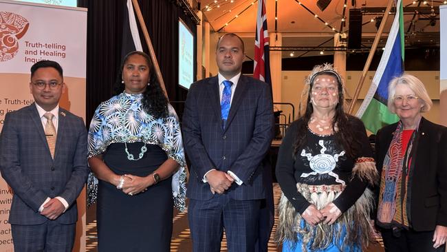 The committee includes Wiradjuri and Filipino man and first Federal Court Judicial Registrar Indigenous appointment Ivan Ingram (L), Torres Strait Islander woman and chief executive of the Torres Strait Regional Authority Vonda Malone, Joshua Creamer, Guwamu woman and publisher and first Queensland Corrective Services Aboriginal Commissioner Cheryl Buchanan, and Queensland Supreme Court judge Roslyn Atkinson AO. Picture: Mikaela Mulveney