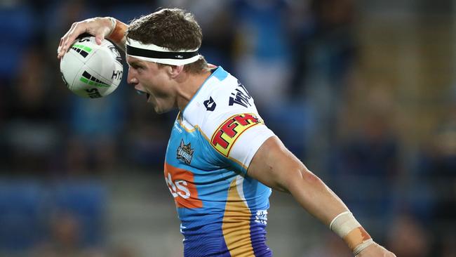 Wallace celebrates a try in Gold Coast’s win over Penrith. Picture: Getty Images