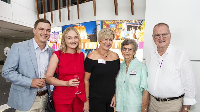 Celebrating the Wagner family's 35 years of business and a decade of Toowoomba Wellcamp Airport are (from left) Matt Rhode, Ally Wagner, Helen Wagner, Kathy Smythe and Ray Smythe, Friday, November 8, 2024. Picture: Kevin Farmer