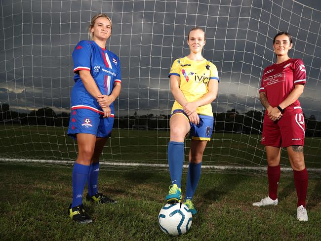 Shelby White ( Robina ) , Gemma Hicks  (Broadbeach) and Lisa Gregson ( Coomera ) preparing for the BWPL season launch .Photograph : Jason O'Brien