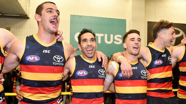 Taylor Walker, Eddie Betts, Lachlan Murphy, Jake Kelly and Alex Keath of the Crows in 2019. AAP Image/Sam Wundke.