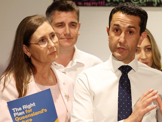 Donna Kirkland LNP candidate for Rockhampton and Leader of the Opposition David Crisafulli during a media conference at Our Space, Stockland Rockhampton Shopping Centre. Picture: Liam Kidston.