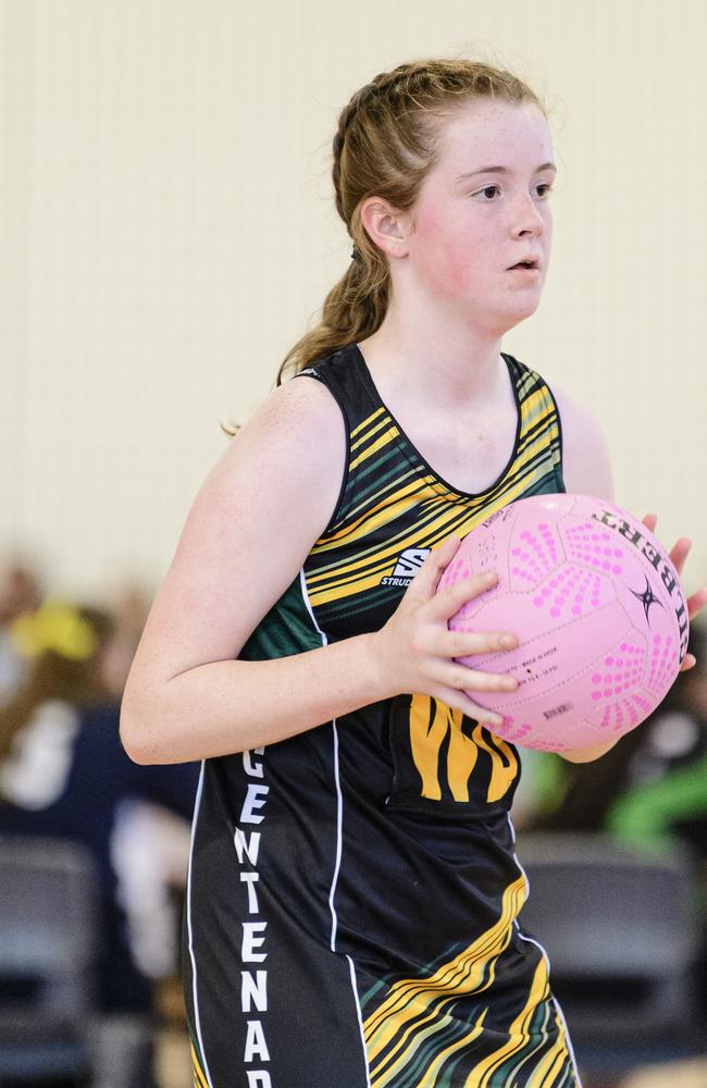 Josie Willson of Centenary Heights State School in the Laura Geitz Cup netball carnival at The Glennie School, Sunday, March 16, 2025. Picture: Kevin Farmer