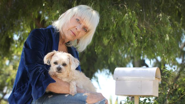 Chey Laine with Sid, a maltese-silky terrier cross, recovering after the attack in Glynde. Picture: Dean Martin