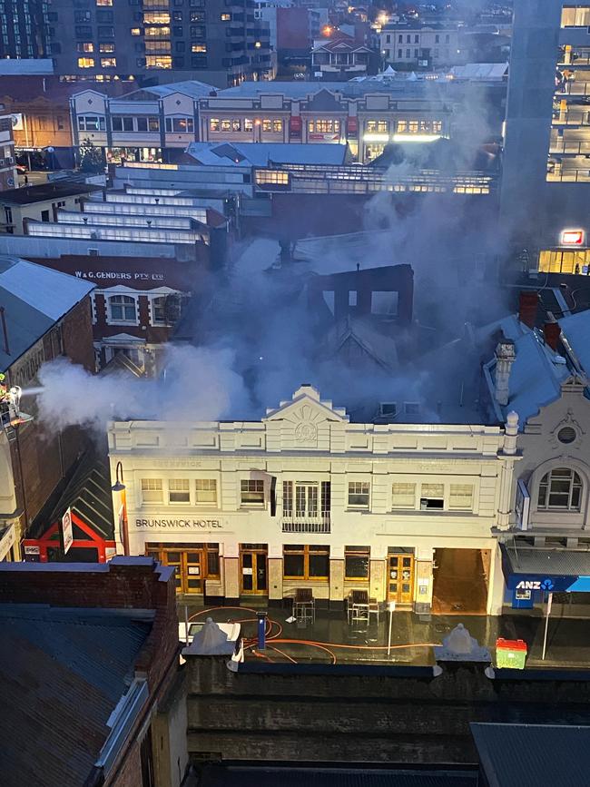 Brunswick Hotel in Liverpool St, Hobart has been destroyed by fire. July 12, 2021. Photo: Henry Marshall.