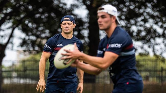 Kyle Flanagan is learning plenty from retired Sydney Roosters champion Cooper Cronk. Picture: Roosters Digital