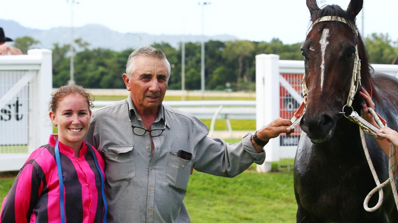 Jockey Rhiannon Payne and owner Joe D'Addona with Tutelage after the gelding won its first race in January 2020 at Cannon Park. PICTURE: BRENDAN RADKE