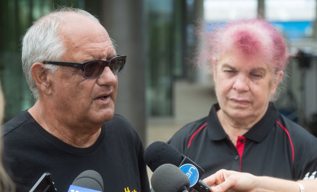 Lynette Daley's step father Gordon Davis and mother Thelma Davis speak to the media outside Coffs Harbour court house after two men were senteced in relation to Lynette's death. Picture: Adam Hourigan