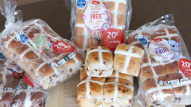 Traditional fruit buns, as well as chocolate, apple and cinnamon, fruit-free and traditional mini fruit buns are priced from $4.50 each or two packs for $7. Picture: Supplied