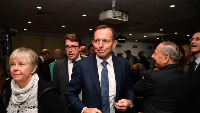 Former prime minister Tony Abbott leaves after a speech on the state of the Australian political landscape at The Centre for Independent Studies in Sydney, Saturday, August 25, 2018. (AAP Image/Joel Carrett) NO ARCHIVING