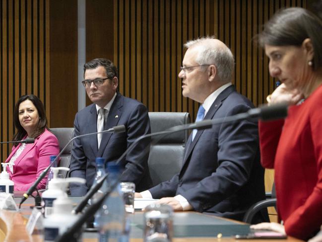 CANBERRA, AUSTRALIA-NCA NewsWire Photos DECEMBER 11 2020.Prime Minister Scott Morrison with state and territory premiers for National Cabinetduring a press conference in Parliament House Canberra. L-R: QLD Premier Annastacia Palaszczuk, Victorian Premier Daniel Andrews, Prime Minister Scott Morrison, NSW Premier Gladys Berejiklian, SA Premier Steven Marshall and WA Premier Mark McGowan.Picture: NCA NewsWire / Gary Ramage