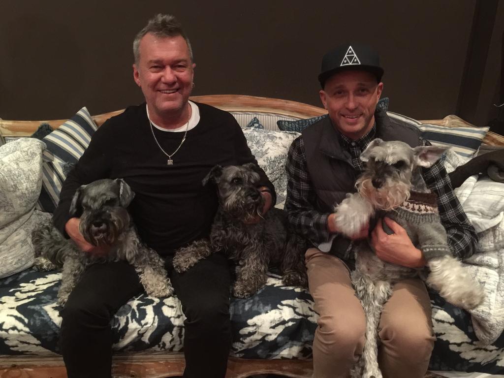 Pack in black ... Barnesy and rocker mate Diesel with Snoop, Oliver, and Diesel’s dog, their brother, Rufus. Picture courtesy of Jimmy Barnes