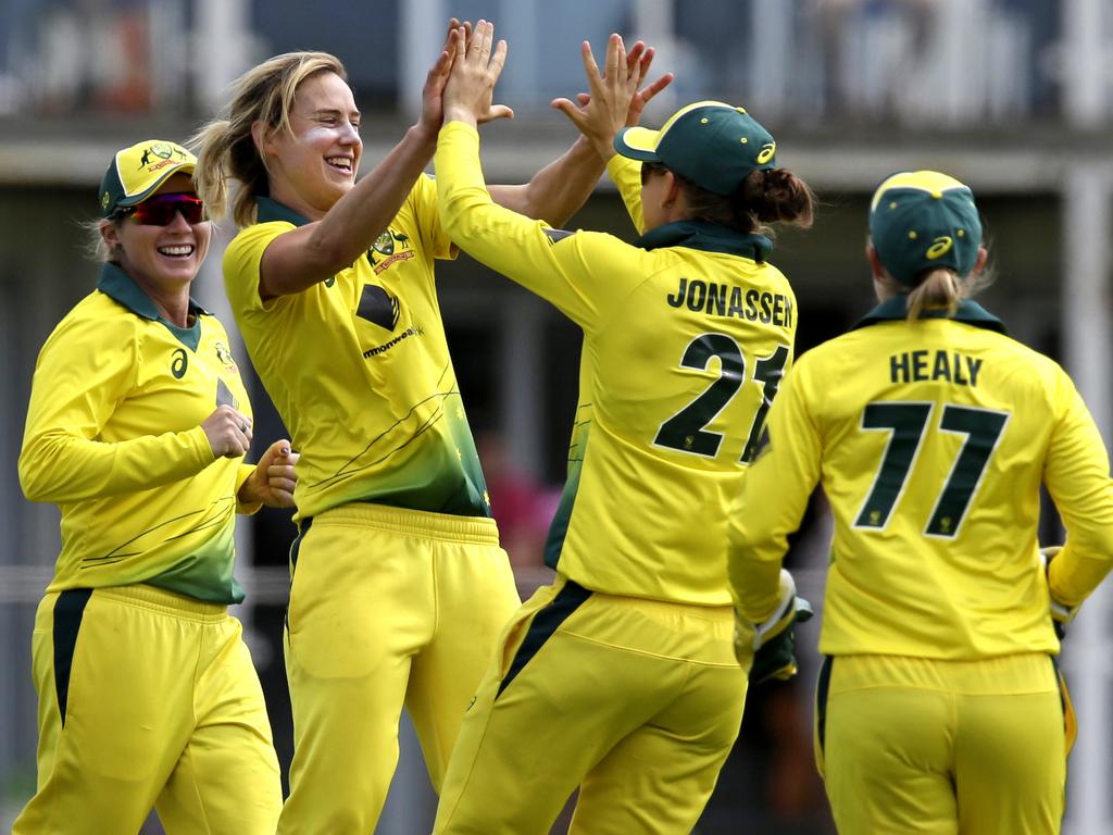 Ellyse Perry of Australia celebrates taking the wicket of Danni Wyatt of England. Picture: Henry Browne/Getty Images