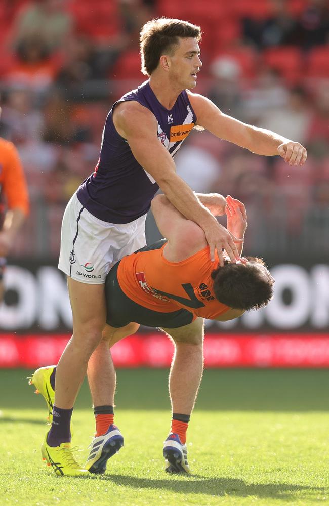 Patrick Voss had a few heated moments with Lachie Ash. Picture: Jason McCawley/AFL Photos/via Getty Images