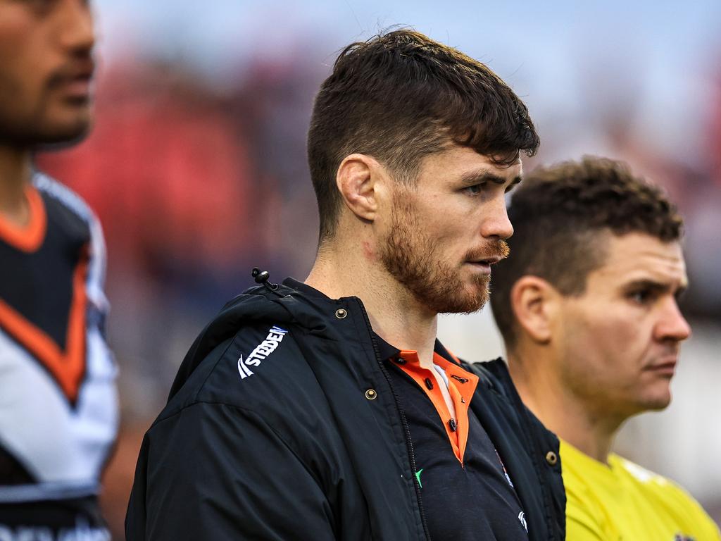 John Bateman of the Tigers watches play after being forced from the field in the match against the Knights at Scully Park. Picture: Getty Images