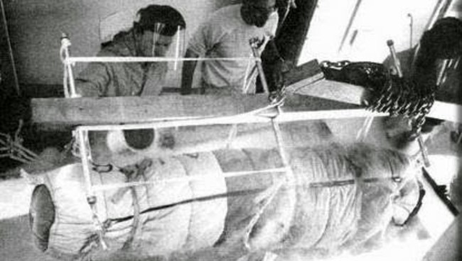 Frozen 50 years ago, James Bedford’s body is given a ‘new coat’ before being re-immersed in a new liquid nitrogen dewar at Alcor cryogenic facility in Arizona. Picture: Alcor.