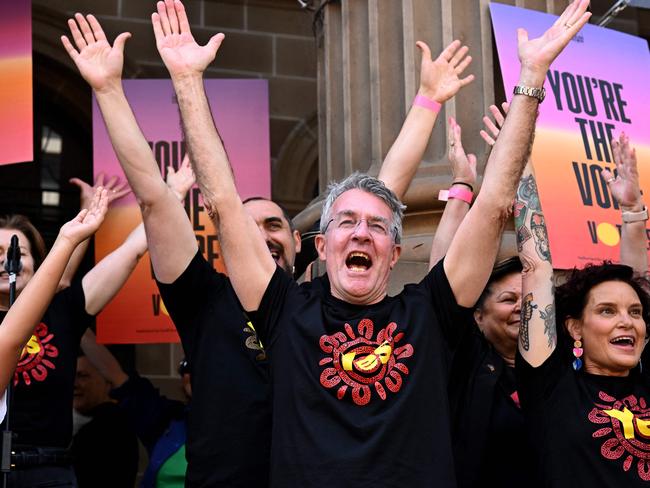 Australia's Attorney-General Mark Dreyfus raises his arms during a "Walk for Yes" rally in Melbourne on September 17, 2023. Picture: William WEST / AFP)