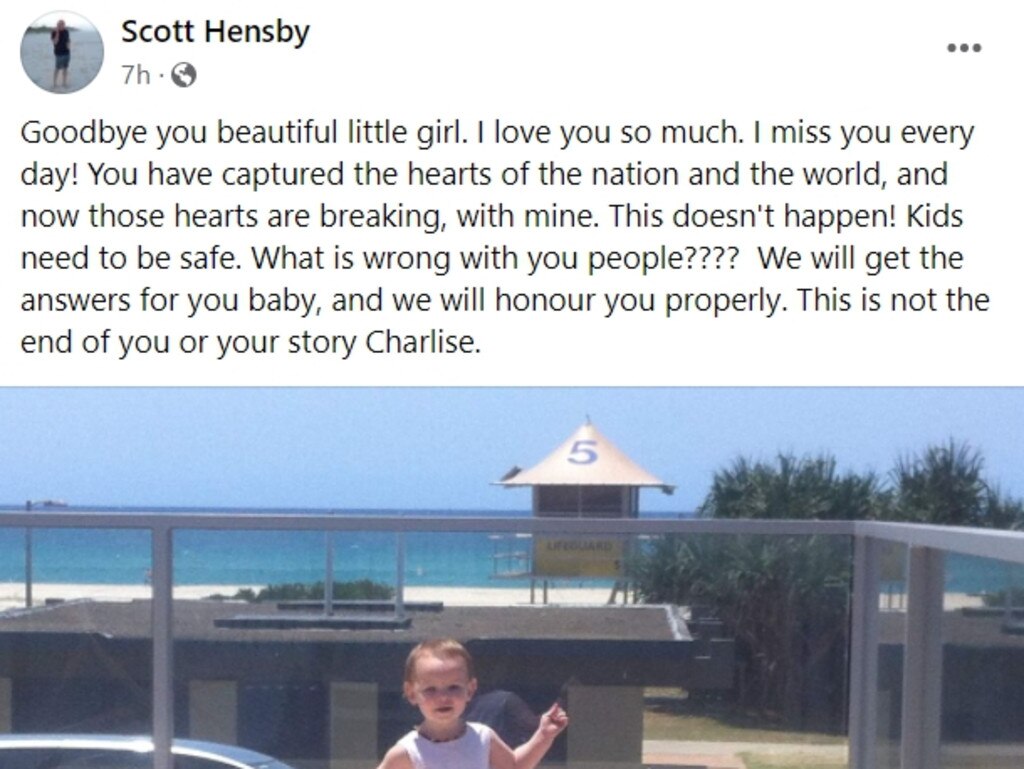 Charlise’s biological father, Scott Hensby posted in honour of his daughter on Facebook. Picture: Facebook.