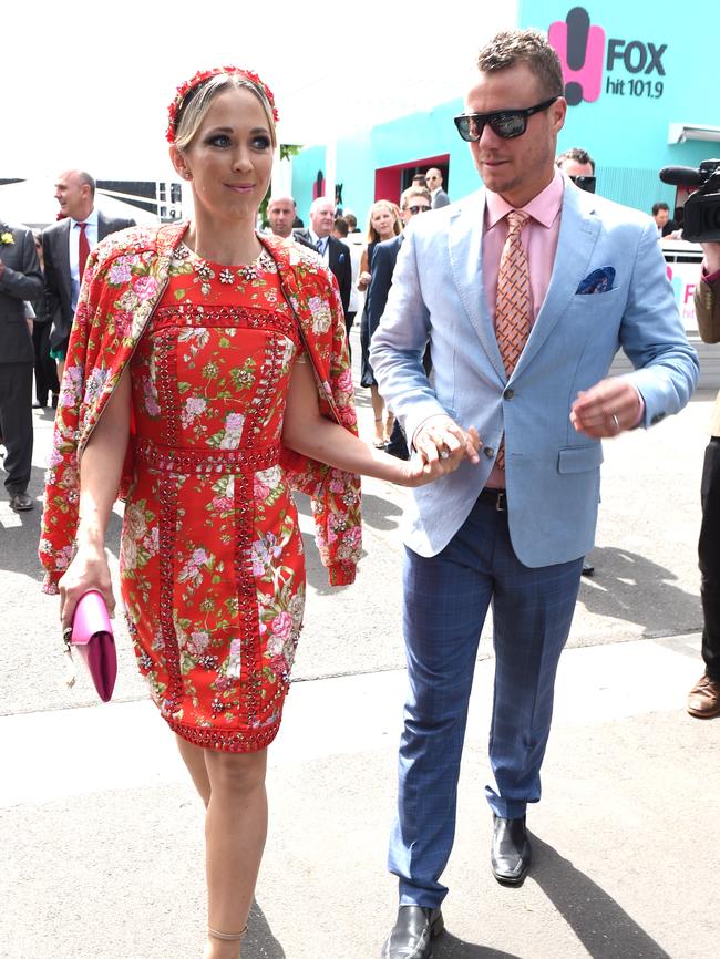 Bec and Lleyton arrive at the Birdcage Picture: AAP