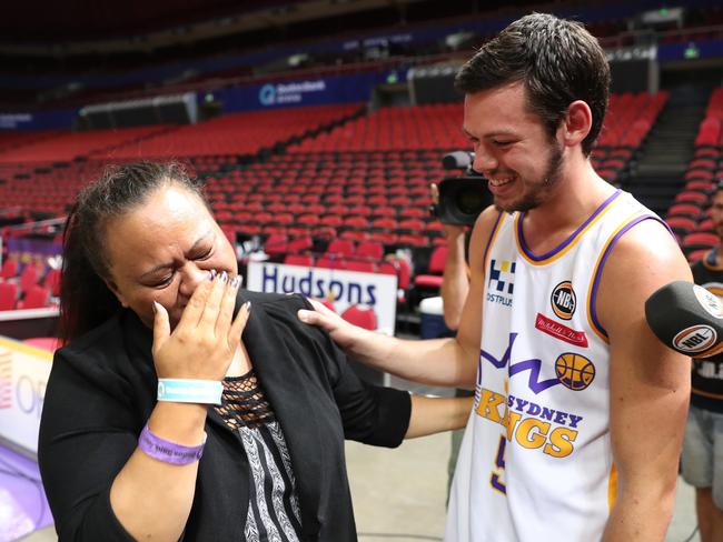 Sydney Kings Jason Cadee meets Ida Wetere who comforted him after a near-fatal car accident on the M7 at Quakers Hill in 2010. Picture: Brett Costello