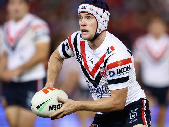 NEWCASTLE, AUSTRALIA - APRIL 11: Luke Keary of the Roosters runs the ball during the round six NRL match between Newcastle Knights and Sydney Roosters at McDonald Jones Stadium, on April 11, 2024, in Newcastle, Australia. (Photo by Cameron Spencer/Getty Images)