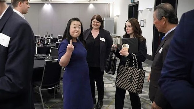 ACT Liberal leader Elzabeth Lee apologised after she was caught on camera sticking up her middle finger at a journalist following a tense press conference. Picture: ABC