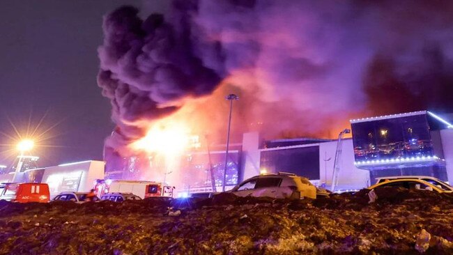 The burning Crocus City Hall concert hall in Moscow.